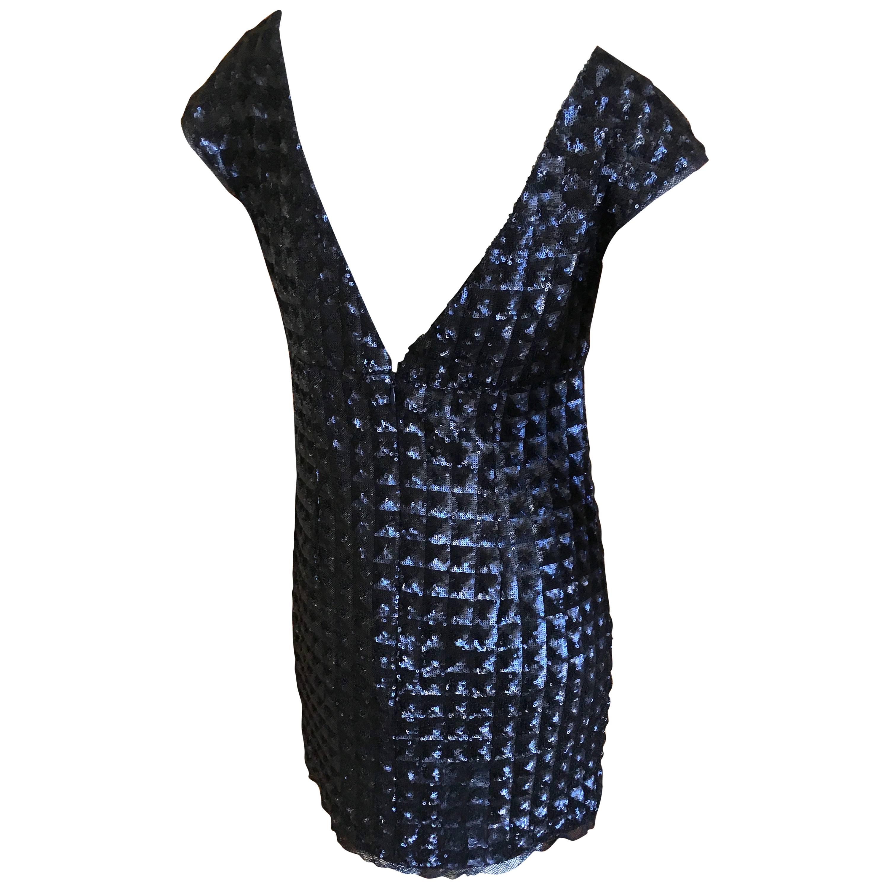 Chanel Vintage Navy Blue Sequin Quilted Mini Dress with Deep Vee Back For Sale