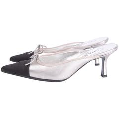 Chanel Shoes - silver leather/black satin 7