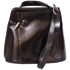 Longchamp Vintage Black Leather Shoulder Bag, Unusual Zipper Opening