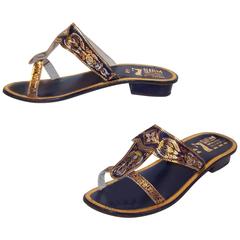Unworn 1960's Siam Blue & Gold Leather Slide Sandals Sz 7.5 - 8