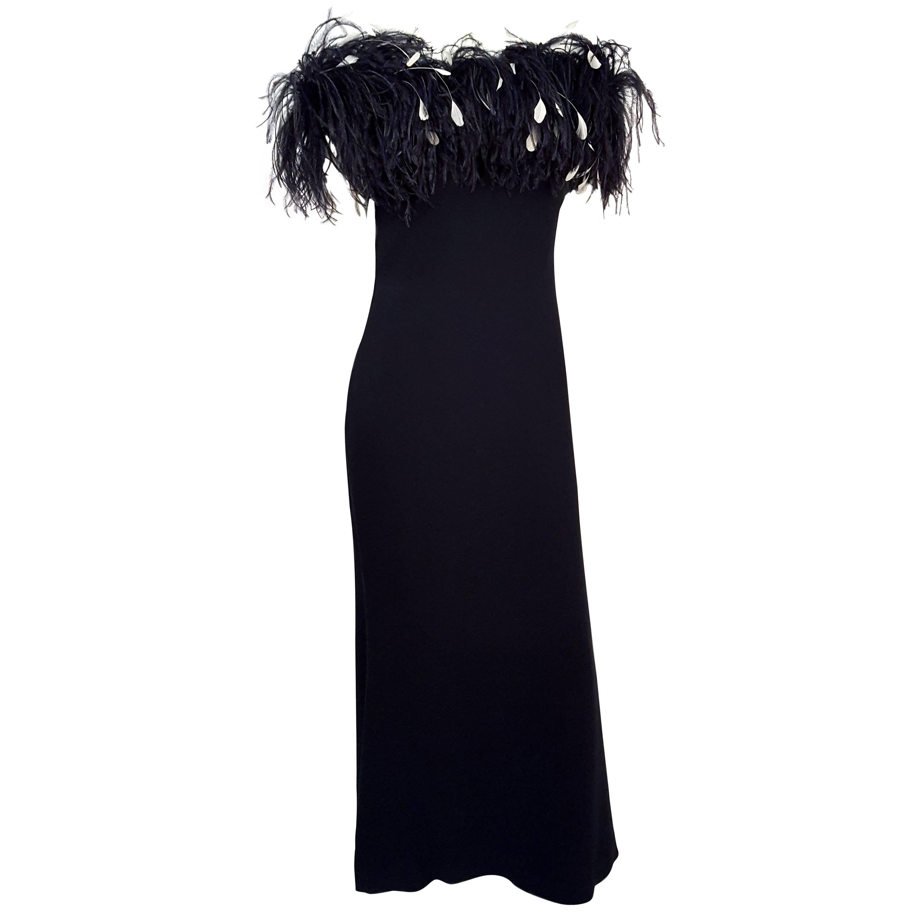 90s Yves Saint Laurent Off-Shoulder Feather Gown