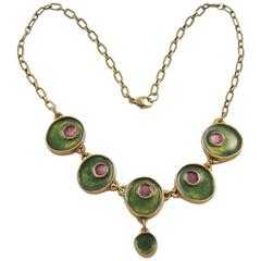 Mid Century Modern Gilded Bronze & Enamel Choker Necklace Green & Purple Color 7