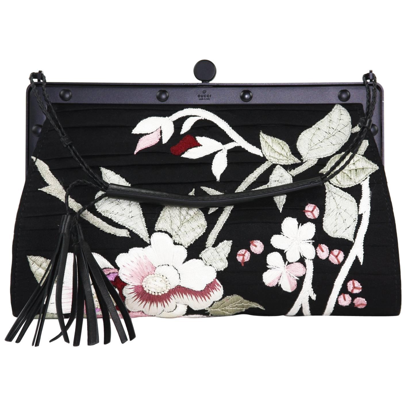 Tom Ford for Gucci S/S 2003 Japanese Flowers Black Silk Frame Bag Clutch 