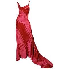 1990s Christian LaCroix Raspberry Pink & Red Silk Trained Dress 11