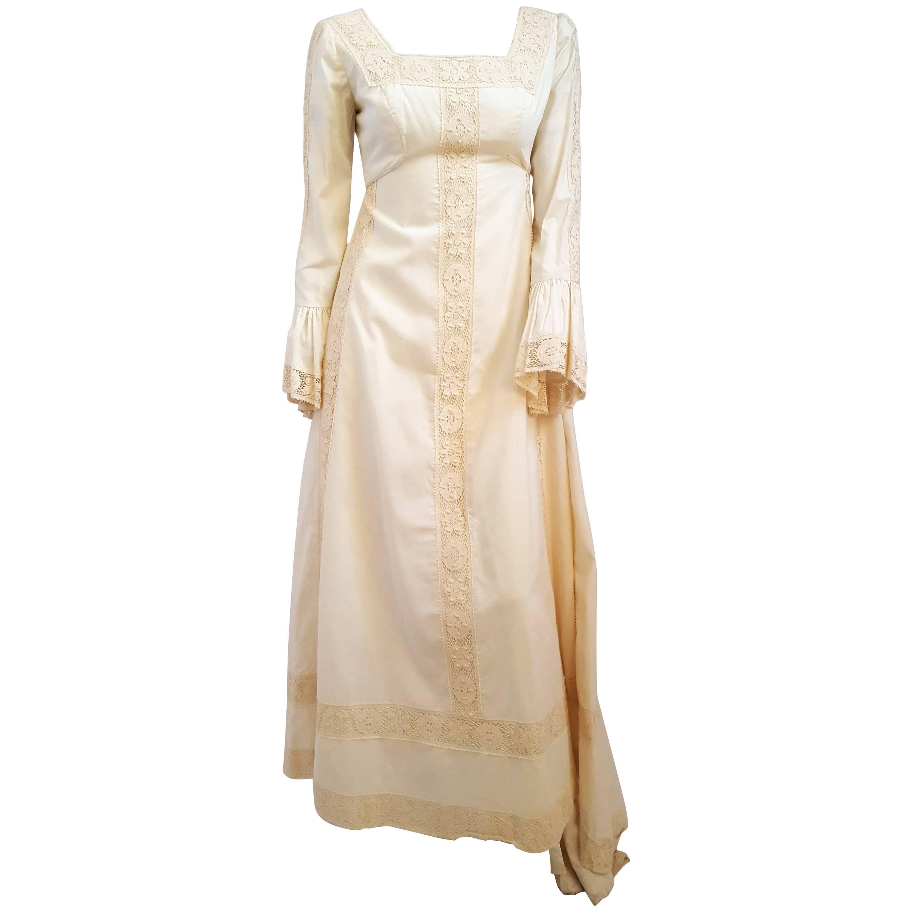 70s Emma Domb Medieval Style Cotton Wedding Dress w/ Train