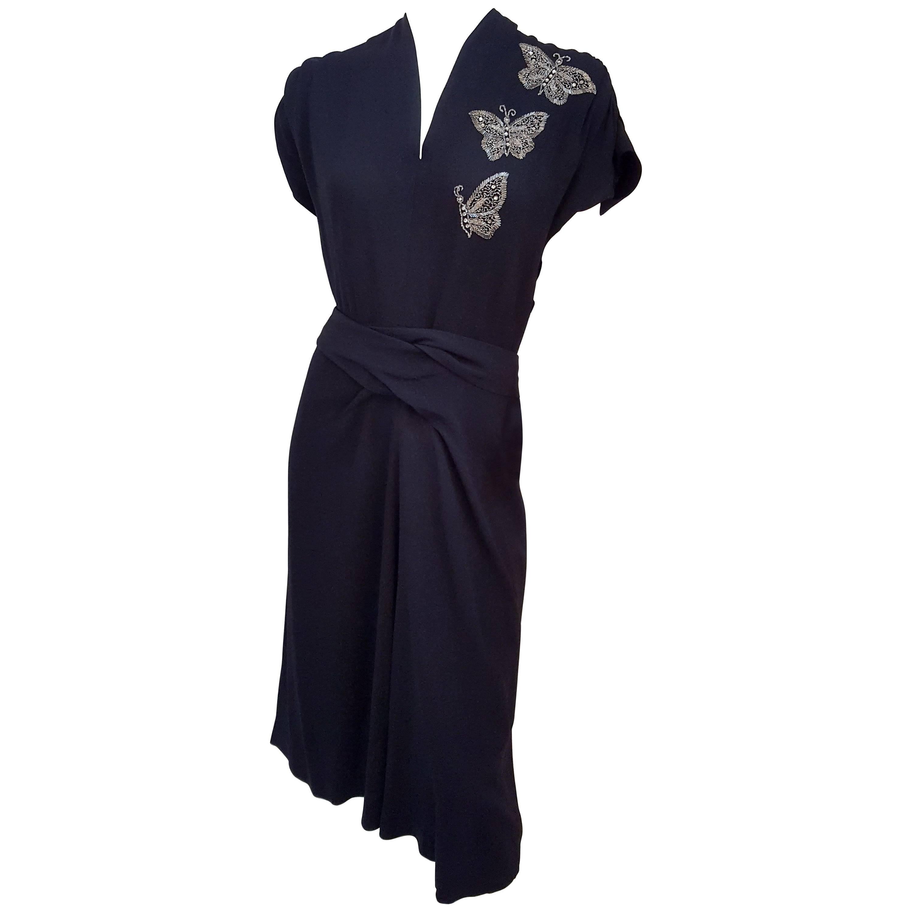 40s Black Crepe Dress w/ Beaded Butterflies