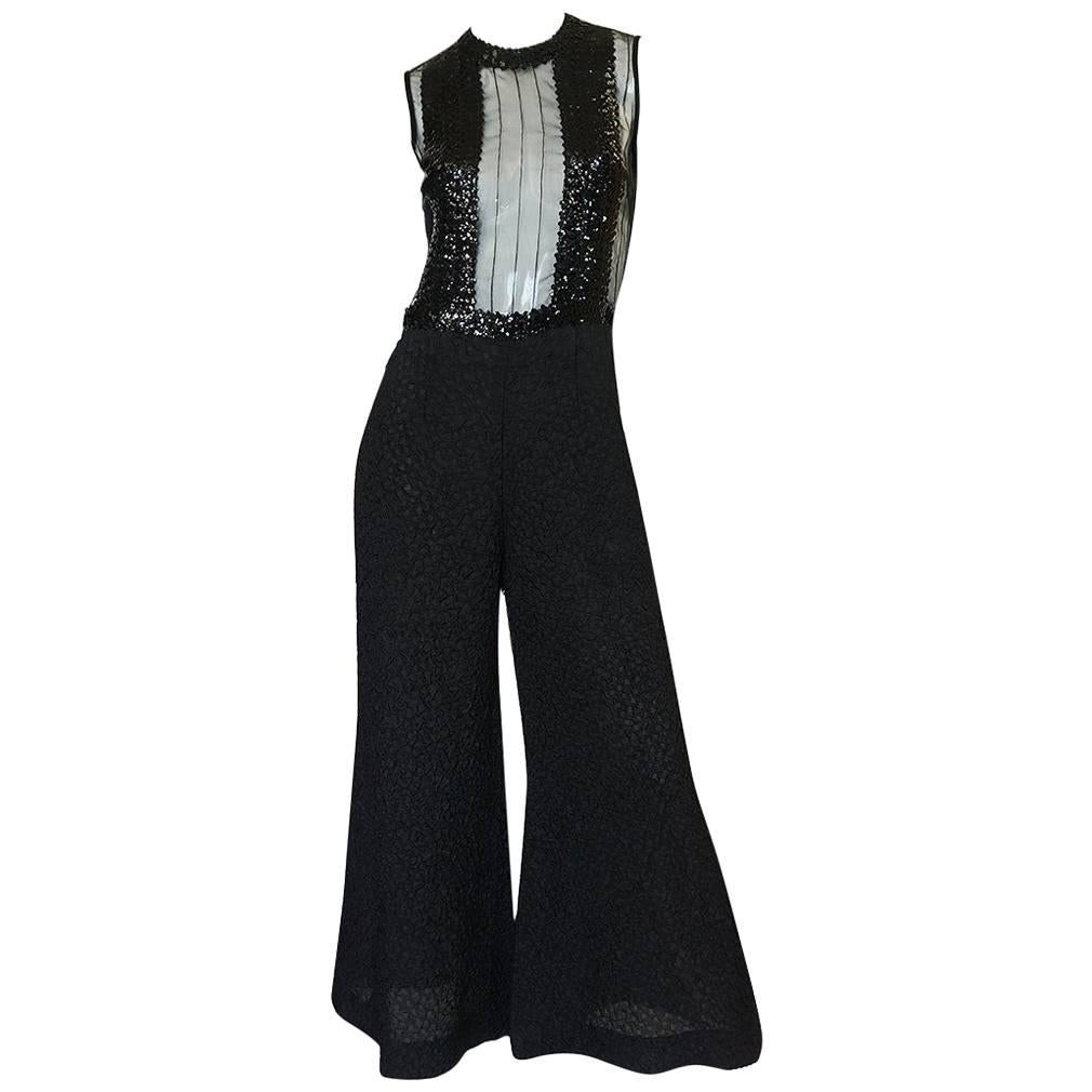 1970s Jean Varon Black Sequin 
Crepe Chiffon Flared Jumpsuit