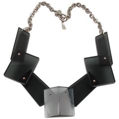 Modernist Transparent Smoke Gray Lucite & Silvered Metal Geometric Bib Necklace 5