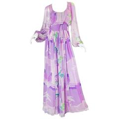 1970s Stravopolous Romantic Floral & Bird Print Silk Chiffon Dress 1