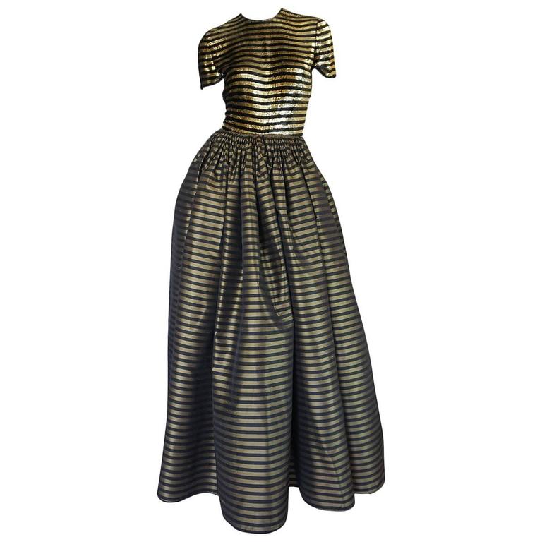 1980s James Galanos Couture Gold & Black Striped Silk Dress main image 0