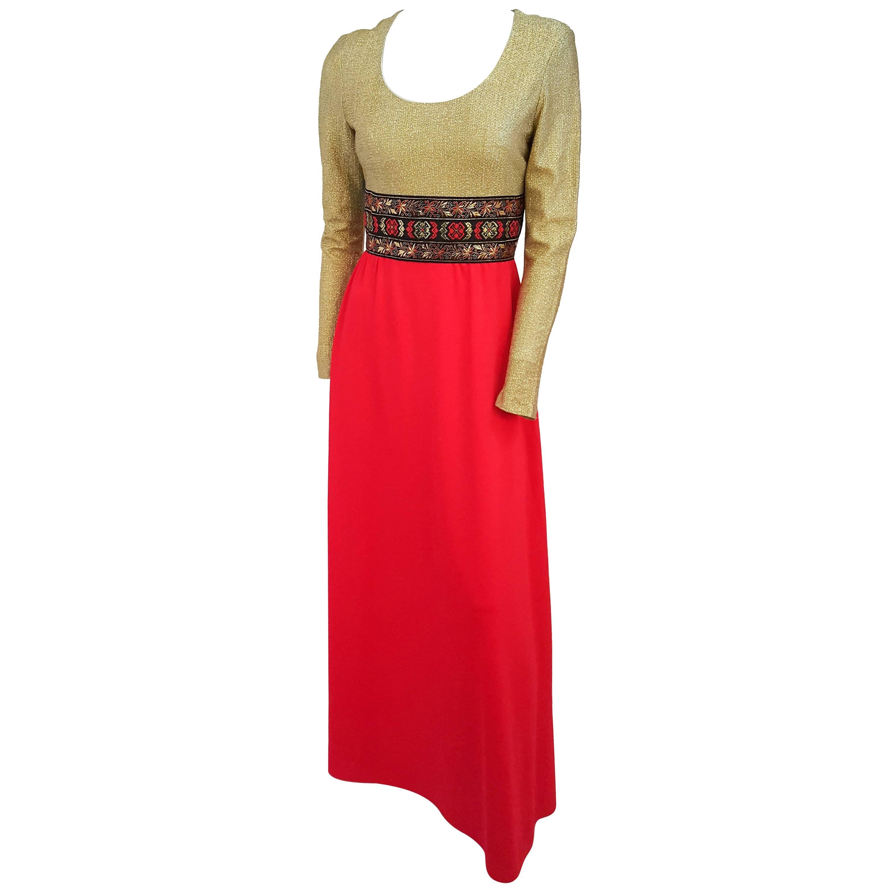 70s Gold and Red Lamé Maxi Dress For Sale
