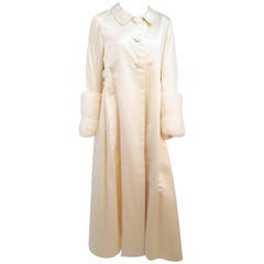 60s White Satin Evening Coat w/ Mink Trim