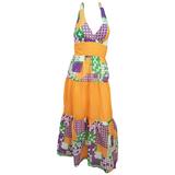 Maxi abito Halter in cotone stampato anni '70