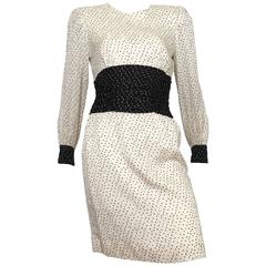Vintage Carolina Herrera 1980s Cream & Black Silk Dress Size 6.