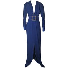Vintage James Galanos Met Museum Collection Blue Deep V Neck Belted Gown Dress
