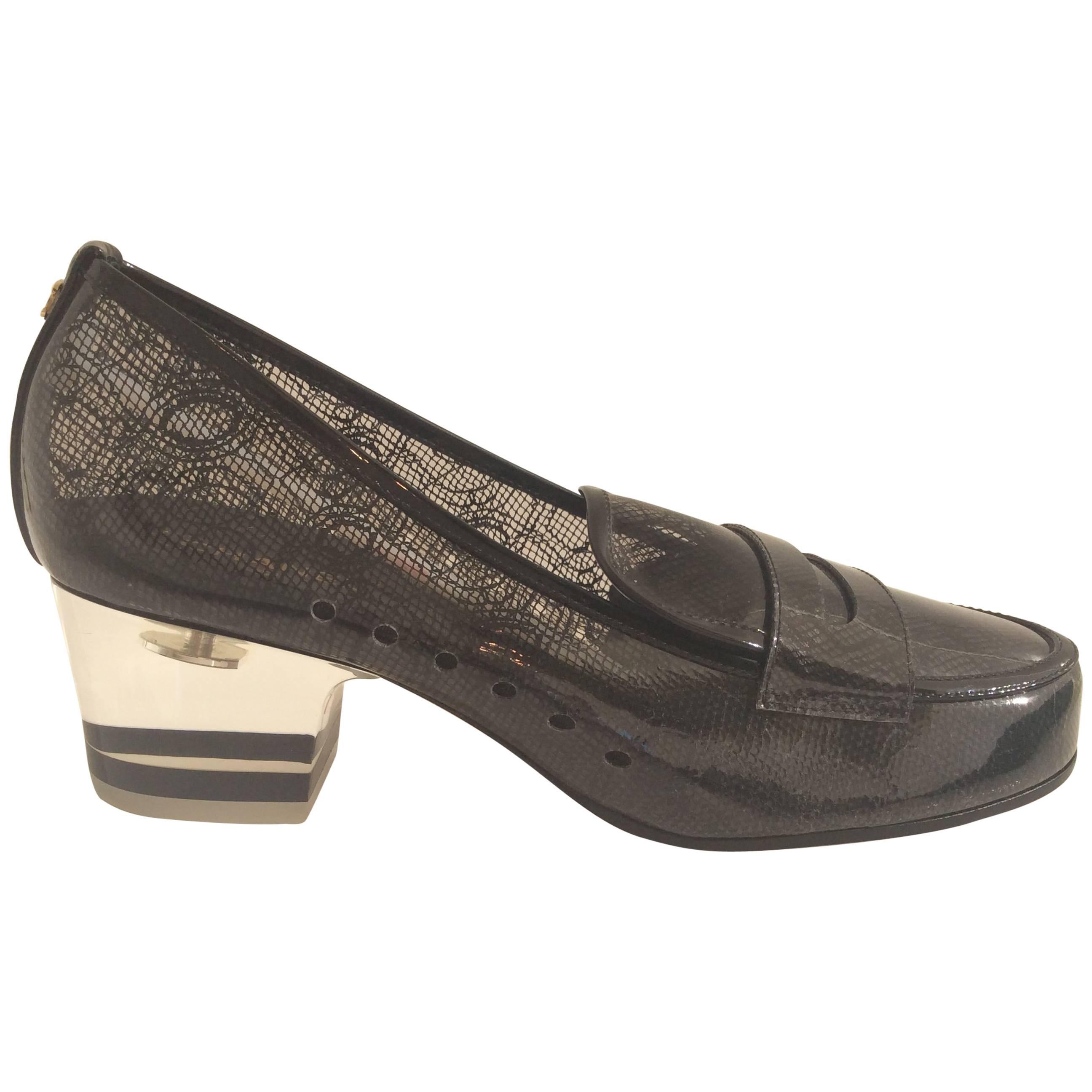 Chanel Black Lace Clear Loafers With Acrylic Heels Sz 38 (Us 7.5) For Sale