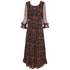 1970s rose print silk floral bohemian maxi dress