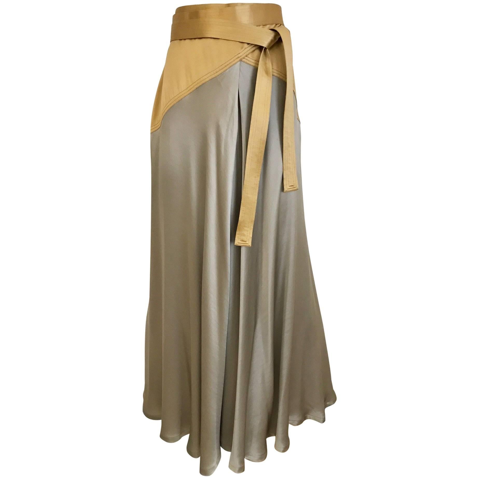 90s Vintage Geoffrey Beene gold and grey silk wrap skirt