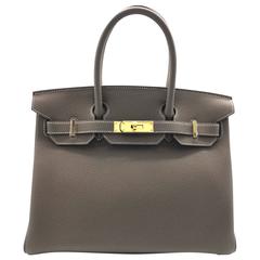 Hermes Birkin 30 Etoupe Grey Togo Leather Gold Metal Top Handle Bag