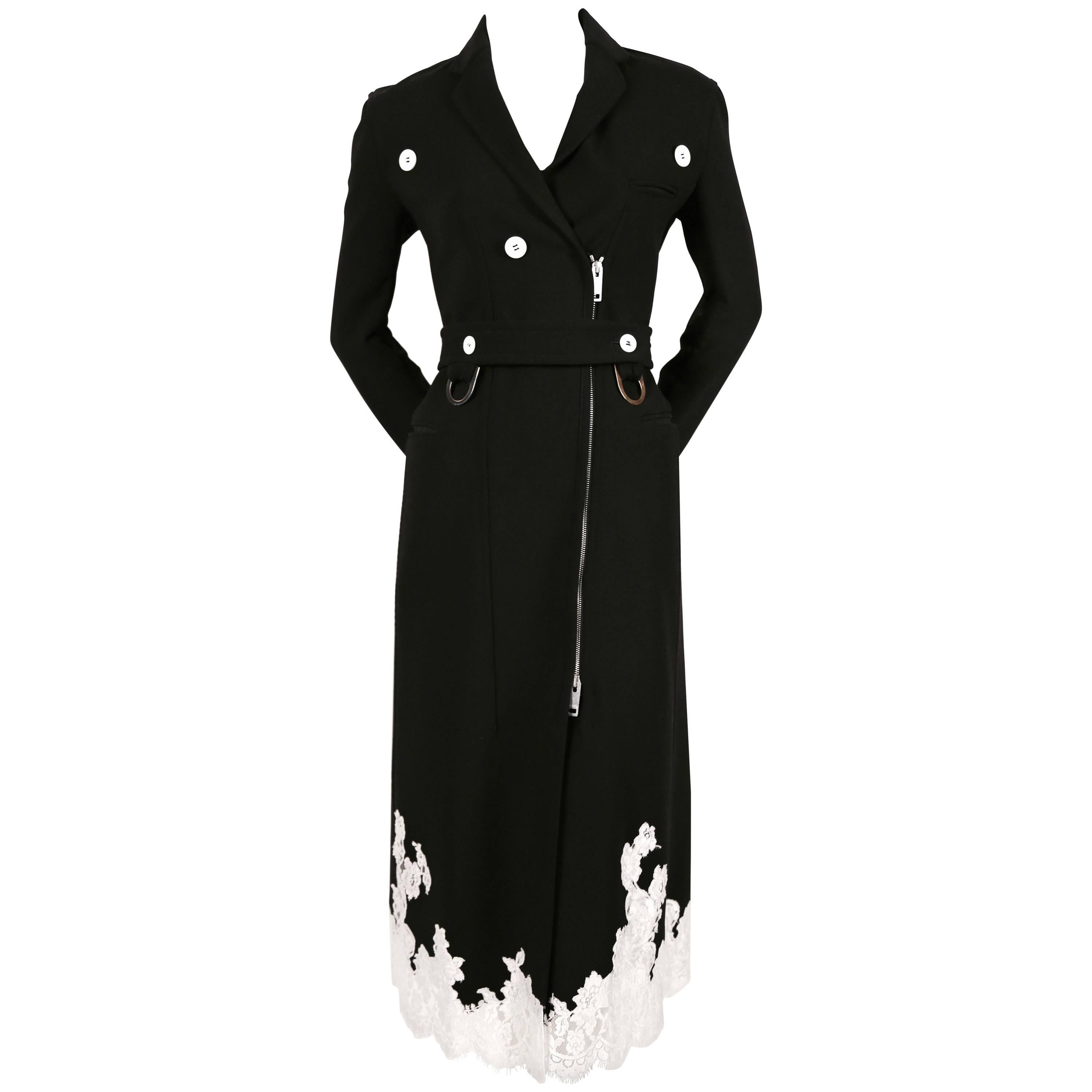 unworn CELINE black stretch wool trench coat with lace trim  - runway 2016