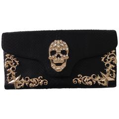Philipp Plein Black Python and Gold Hardware Skull Crystals Clutch. 4
