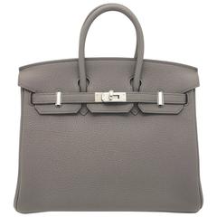 Hermes Birkin 25 Etain Togo Leather Silver Metal Top Handle Bag