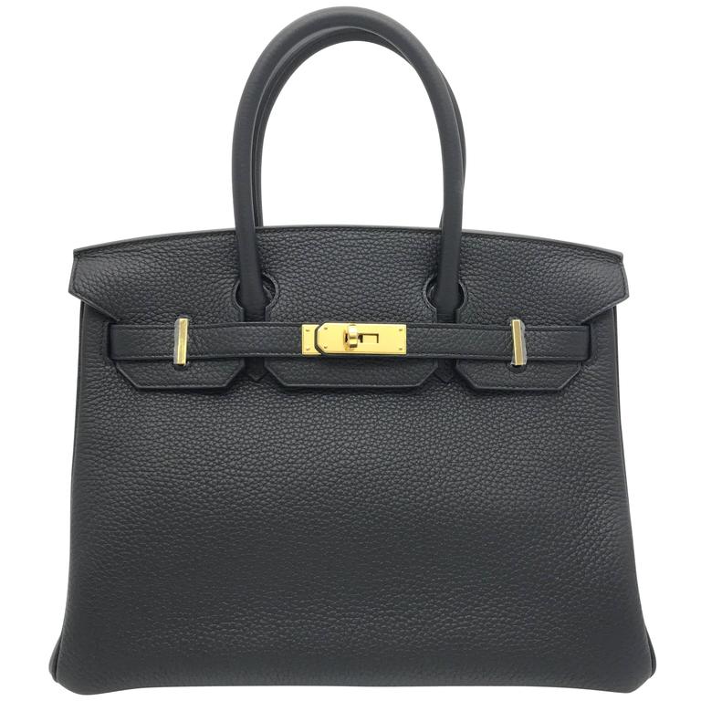 Hermes Birkin 30 Noir Taurillon Clemence Leather Gold Metal Top
