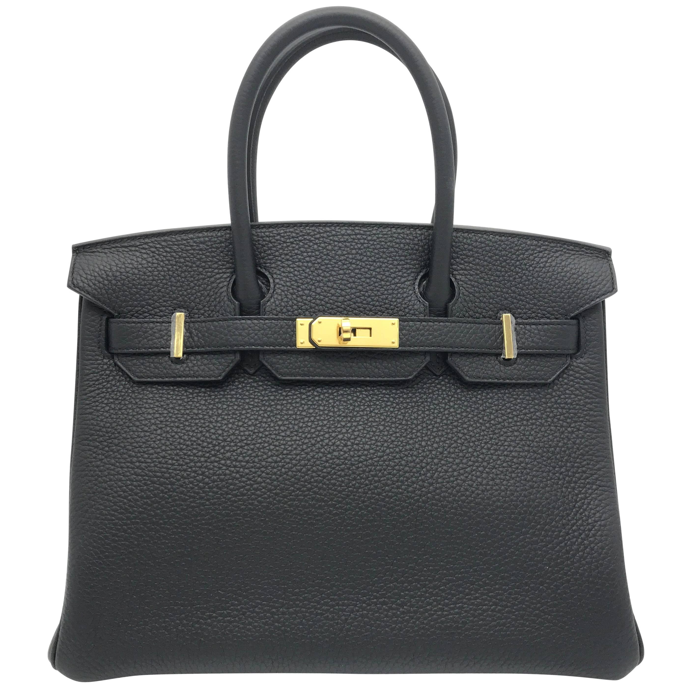 Hermes Birkin 30 Noir Taurillon Clemence Leather Gold Metal Top Handle Bag For Sale