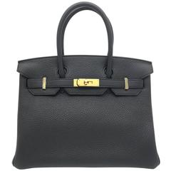 Hermes Birkin 30 Noir Taurillon Clemence Leather Gold Metal Top Handle Bag