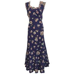 Vintage 1930s Blue Silk Daisy Print Bias Cut  30s dress