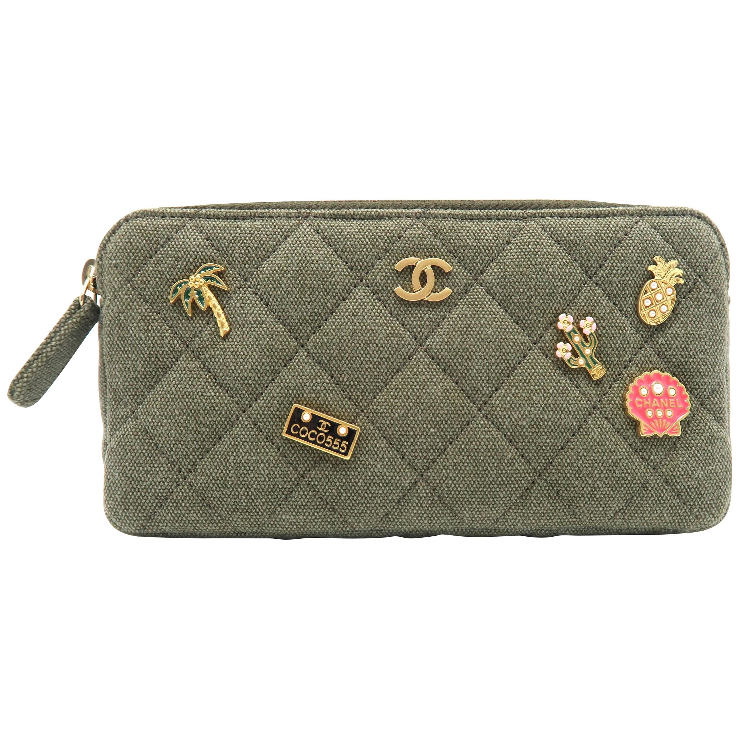 Chanel Khaki Quilted Canvas Charms Gold Metal Chain Shoulder Flap Bag