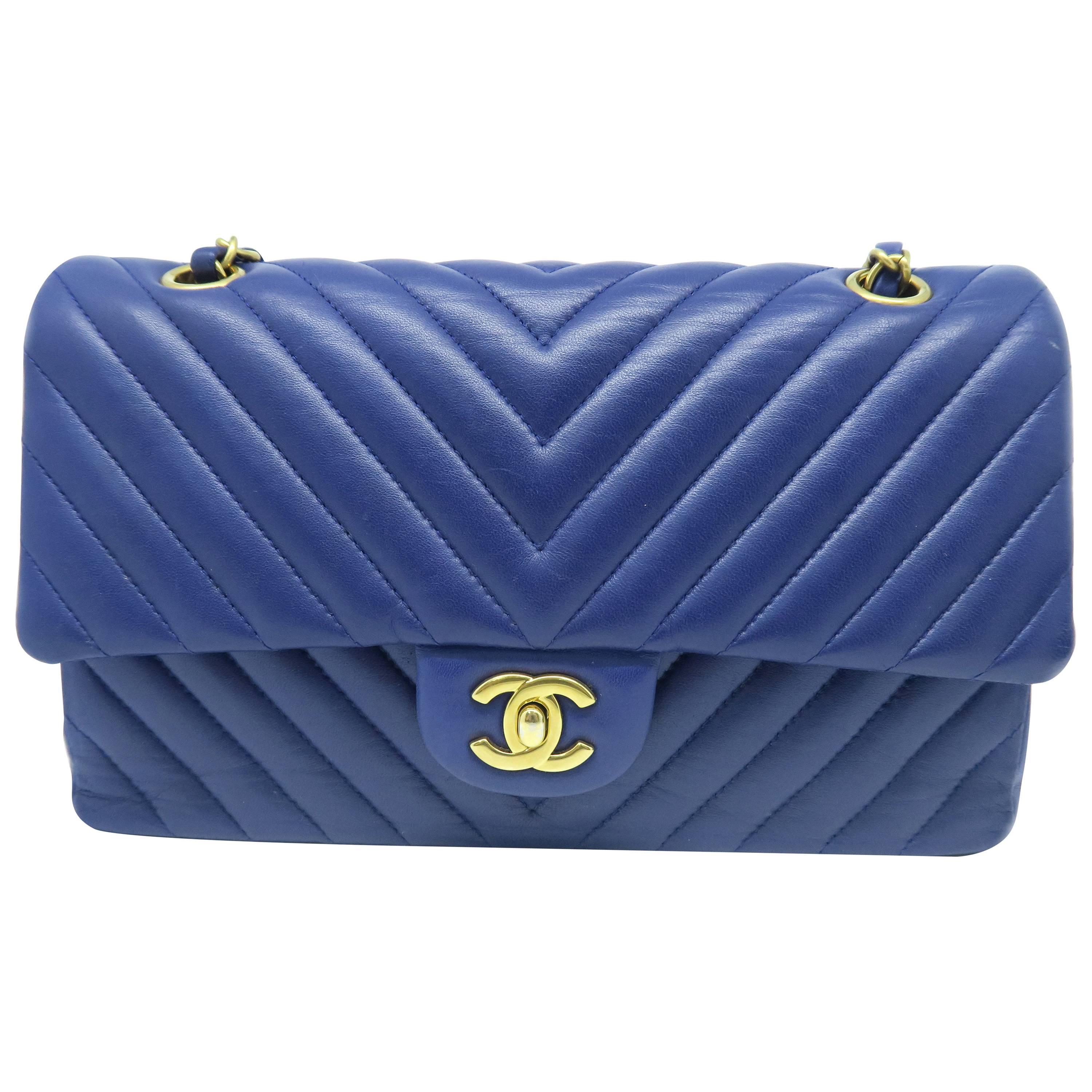Chanel Chevron Blue Herringbone Quilted Lambskin Leather Gold Metal Flap Bag For Sale