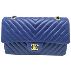 Chanel Chevron Blue Herringbone Quilted Lambskin Leather Gold Metal Flap Bag