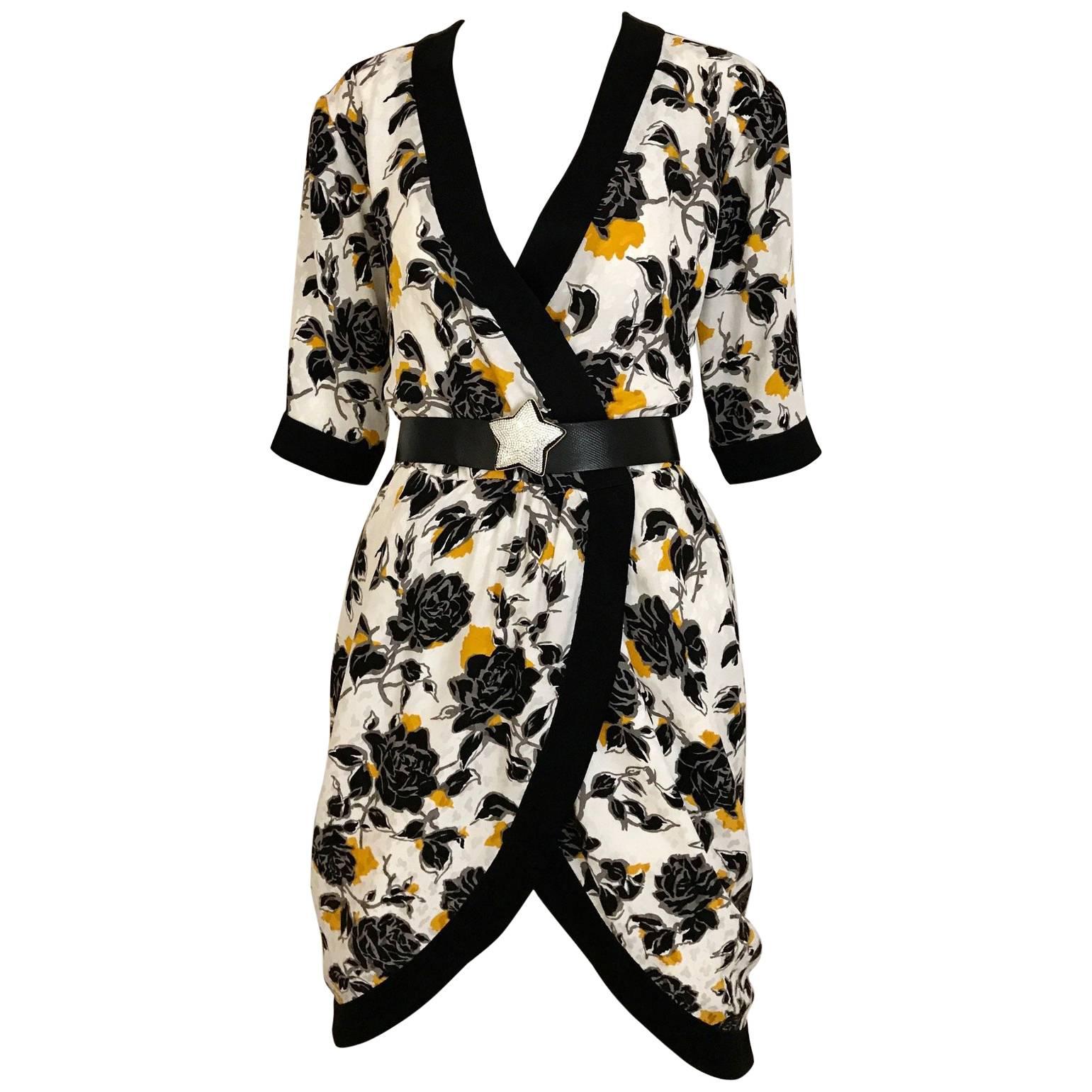 Vintage Saint Laurent Rive Gauche Black and Yellow Floral Print Wrap Dress For Sale