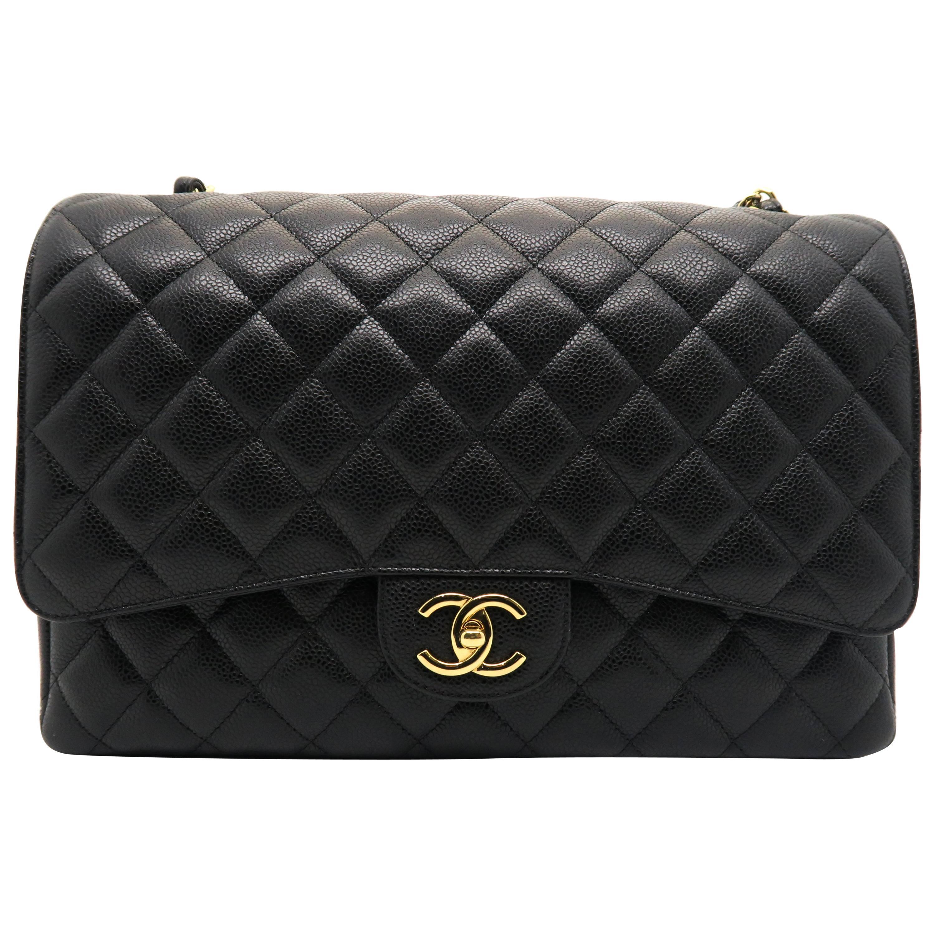 Chanel Classic Double Flap Maxi Quilted Caviar Leather Gold Metal Flap Bag