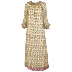 1970s Treacy Lowe multi color silk print maxi caftan vintage dress