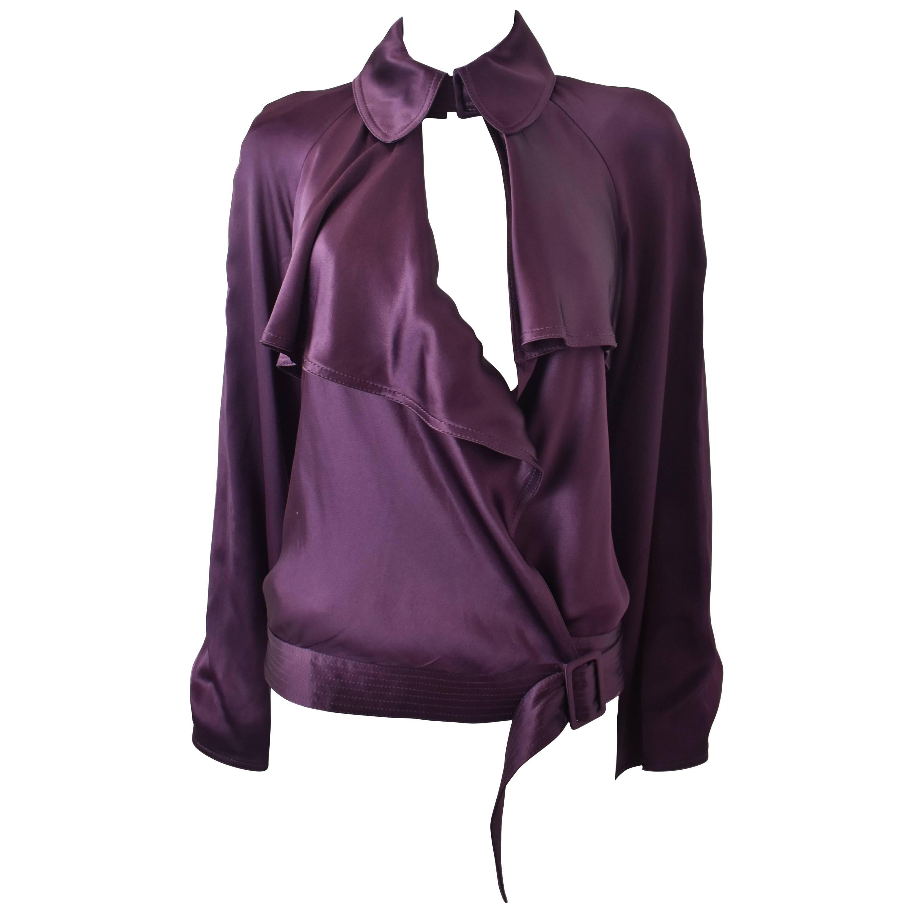  Gaultier Purple Ruffle Wrap-around Top with Bell Sleeves and Collar