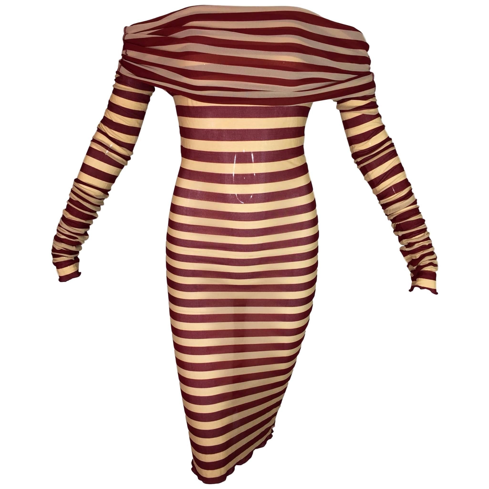 Jean Paul Gaultier Nude and Red Striped Sheer Mesh Off Shoulder Dress, S/S 2003 