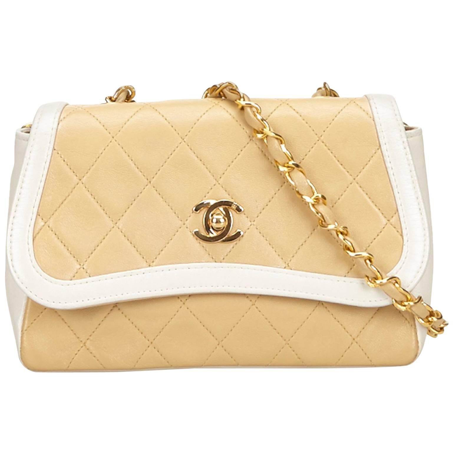 Chanel Beige Quilted Lambskin Leather White Trim Flap Bag 