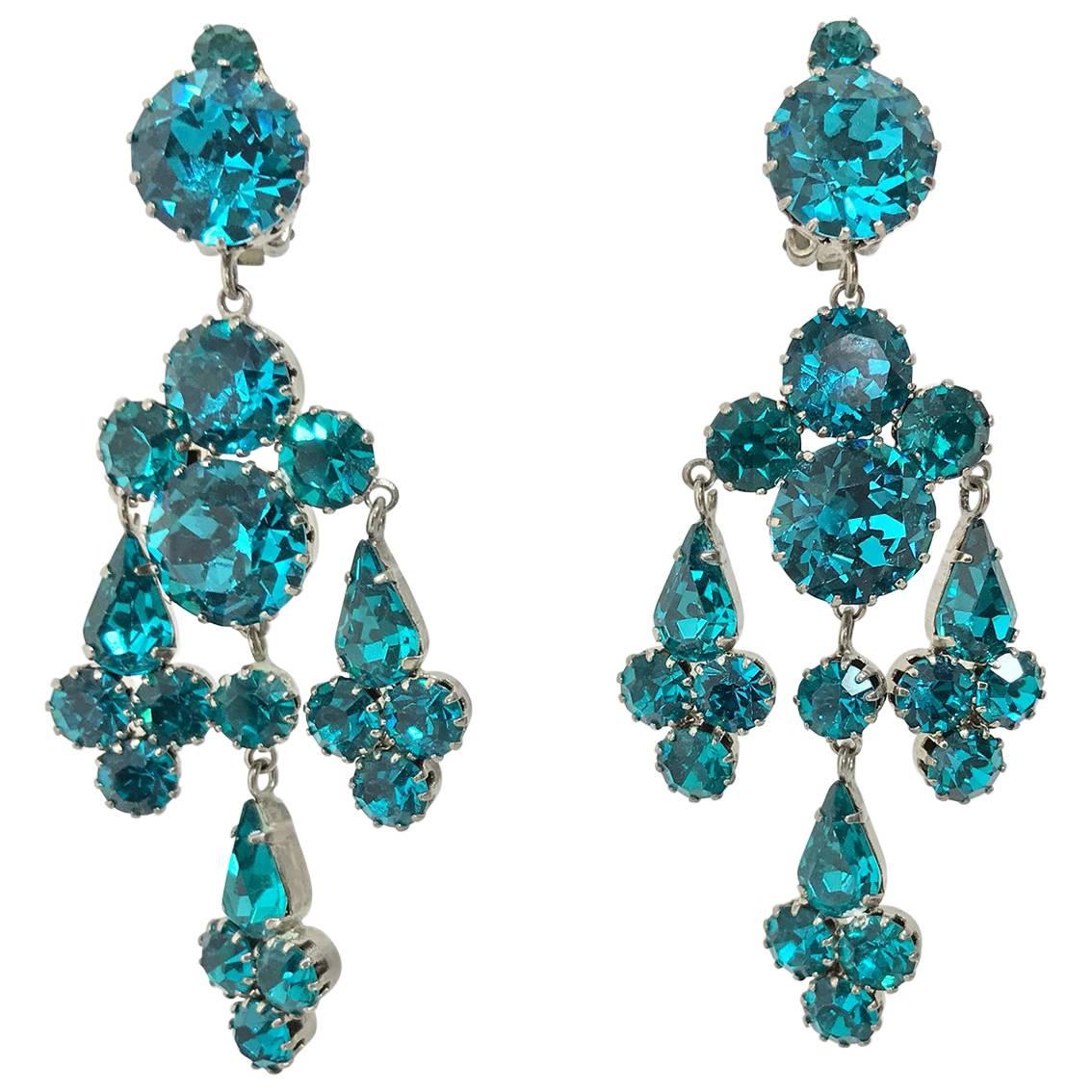 Vintage turquoise rhinestone chandelier clip back earrings Austria 1960s