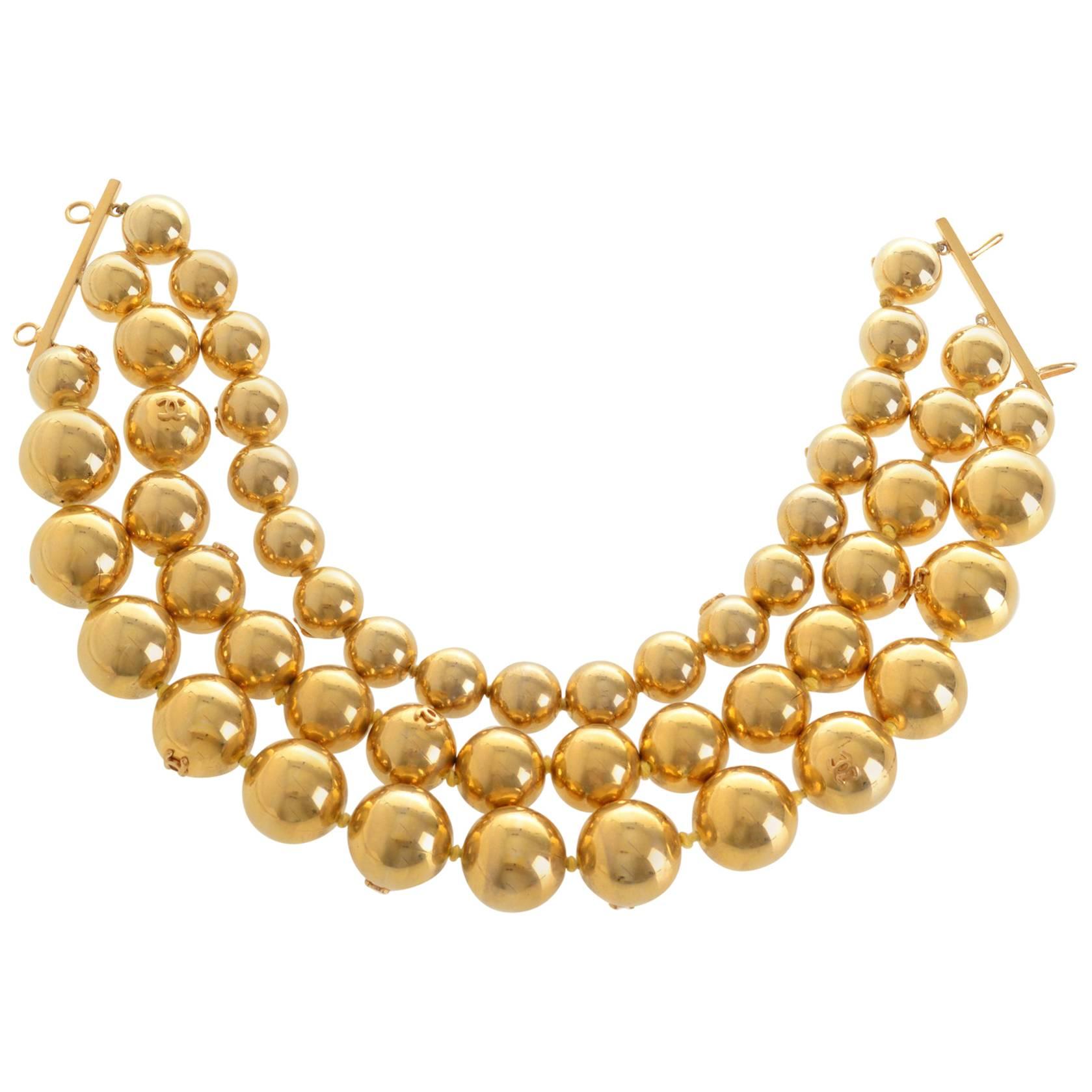 1990s Chanel Gold-Tone Beaded Triple Strand Choker Necklace