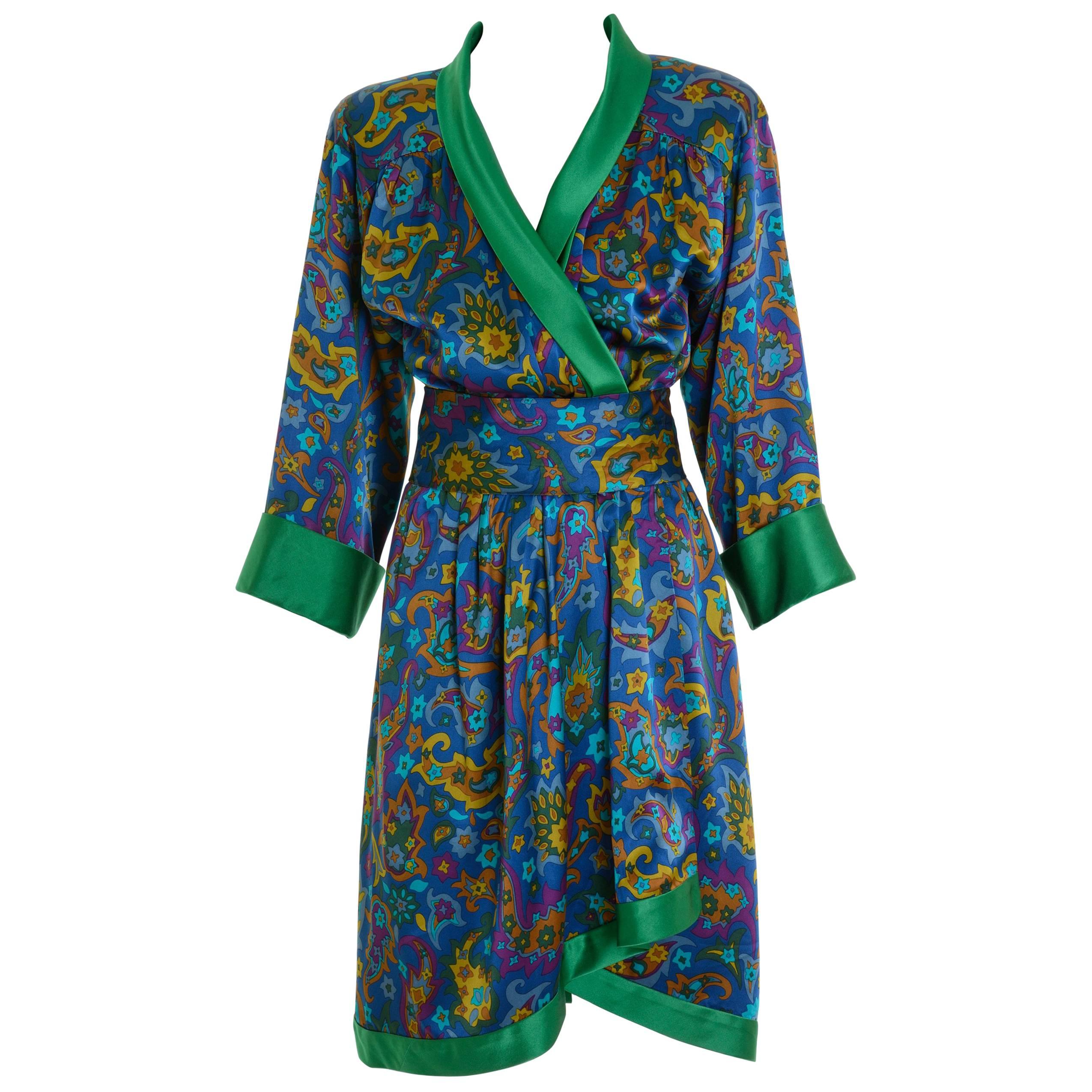 1980s YVES SAINT LAURENT Rive Gauche Arabesque Print Silk Wrap Robe Dress