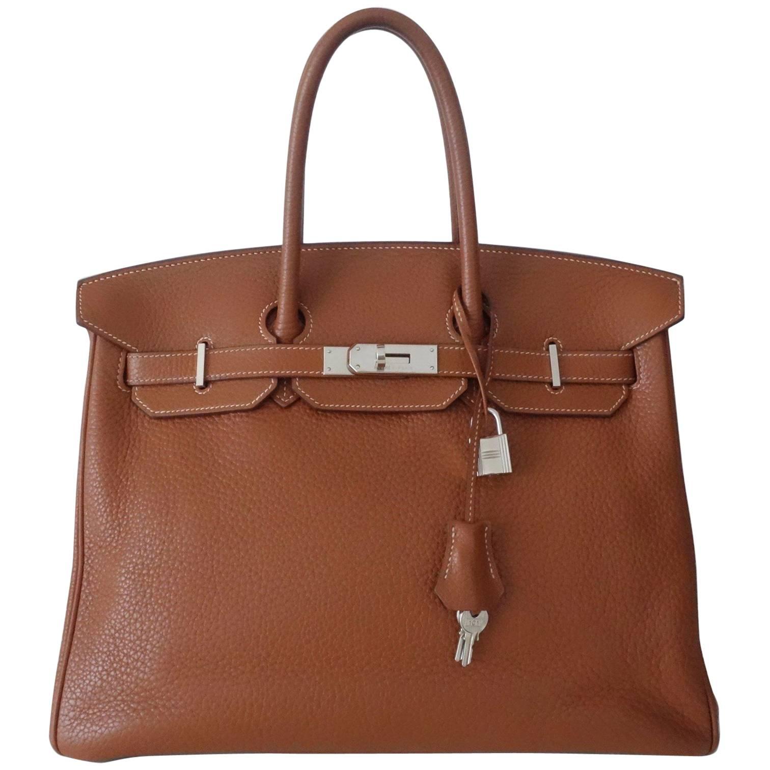 Hermes Birkin Handbag Gold Taurillon Clemence Leather PHW 35 cm