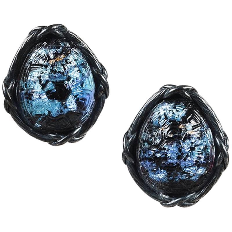 Vintage Yves Saint Laurent Rive Gauche Blue Multicolor Glass Clip On Earrings For Sale