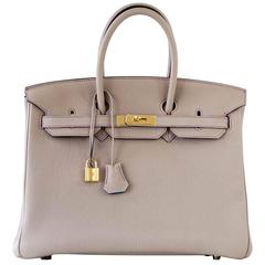 HERMES BIRKIN 35 Bag Gris Tourterelle Purple Stitch Gold Blue Paon Horseshoe 12