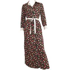 Geoffrey Beene 1960s Floral Cotton Button Up Dress with Belt Size 8. 12