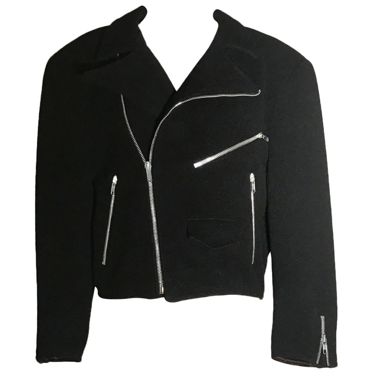 Sprouse by Stephen Sprouse Black Wool Biker Jacket with Zipper Pockets, 1980s 