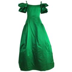 Scaasi 1990s Emerald Green Silk Ball Gown Size 10.