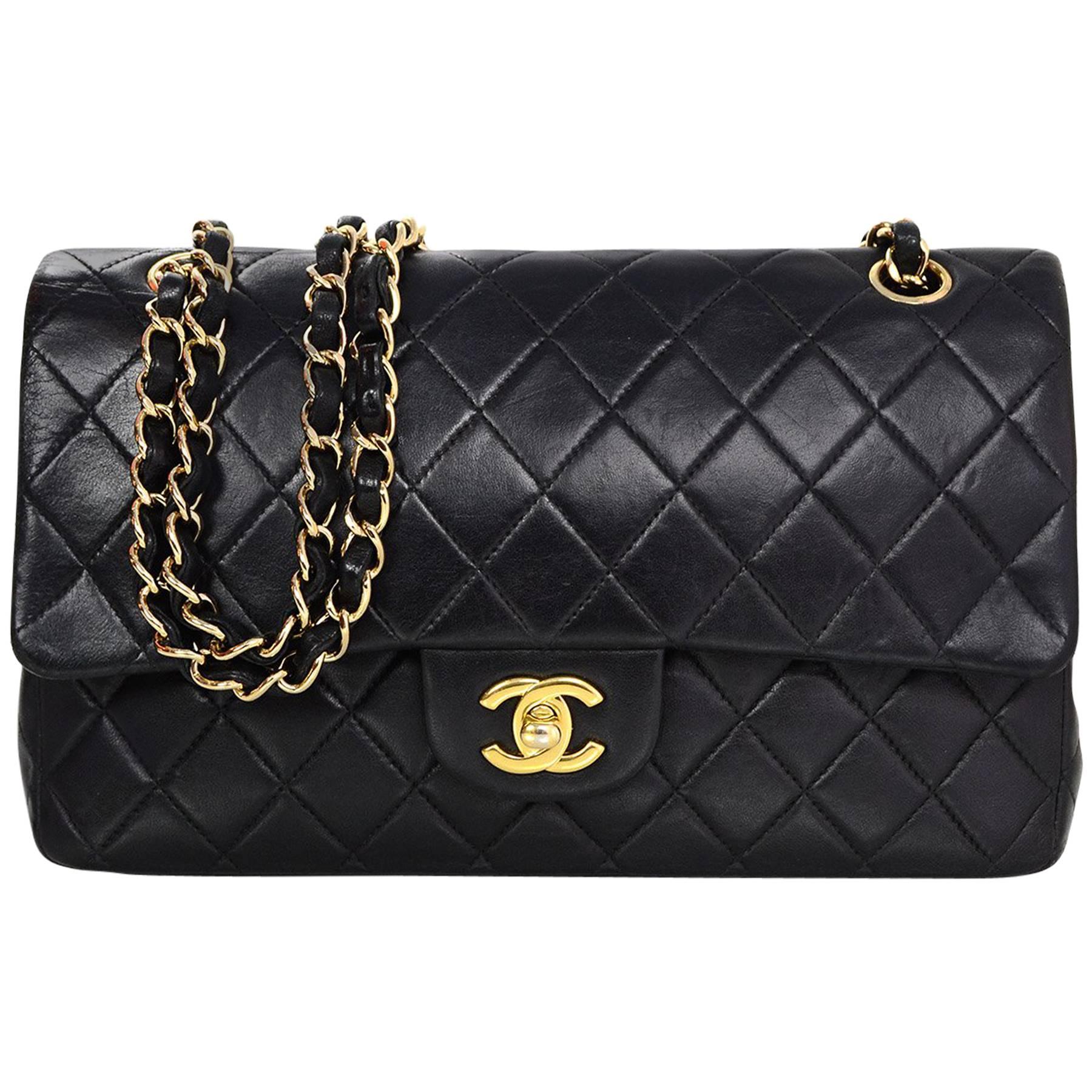 Chanel Black Lambskin Leather Quilted Classic Medium 10" Double Flap Bag