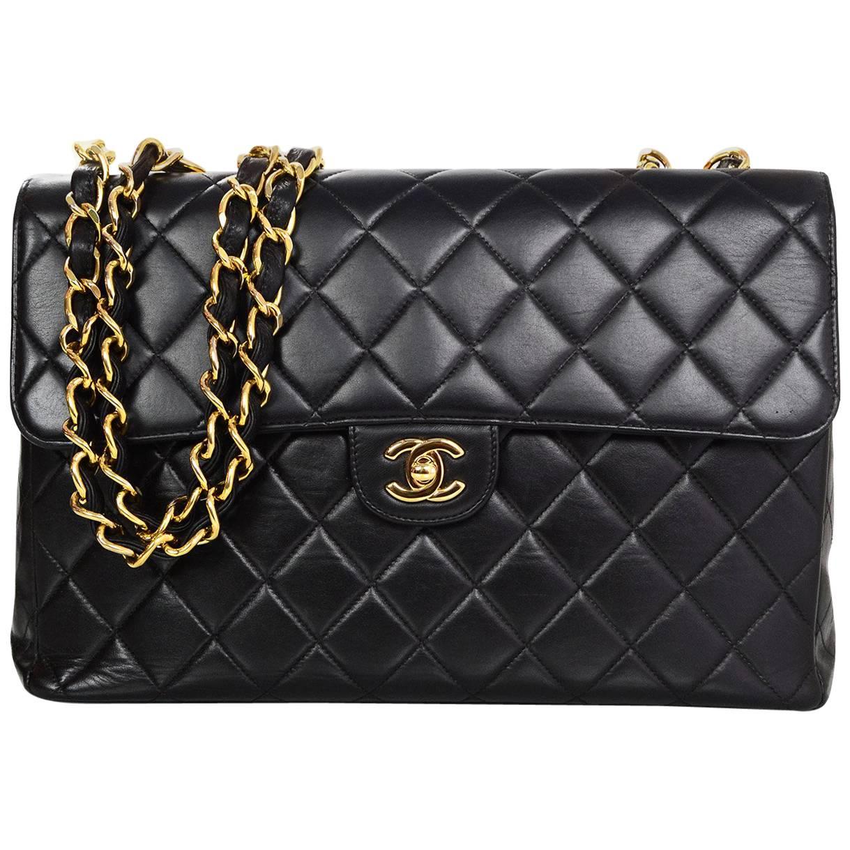 Chanel Black Lambskin Leather Quilted Classic Jumbo Single Flap Bag